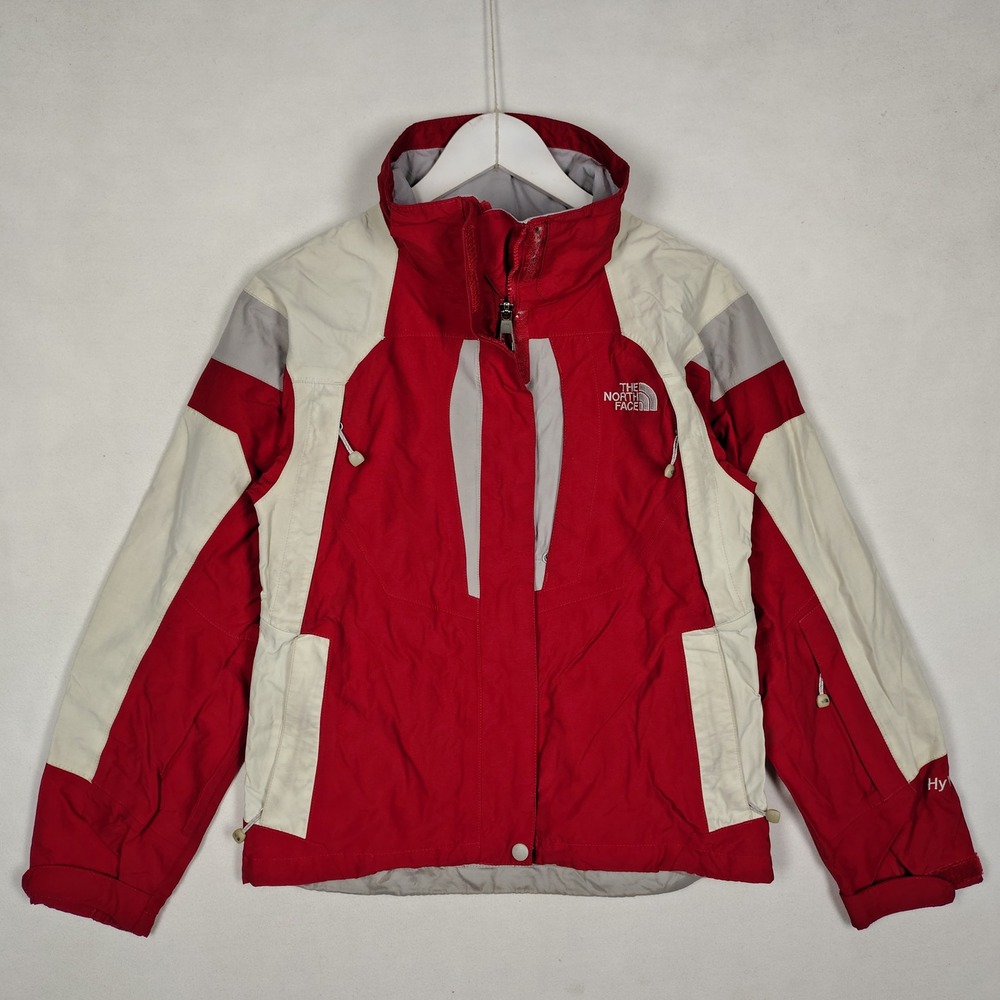 The North Face HyVent Shell Jacket Womens XS Red Cream Colorblock Hooded Coat